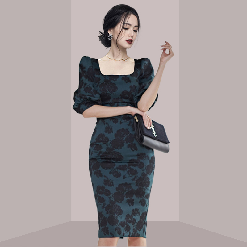 Midi Skirt Floral - 우아한 여성스러운 플로럴 프린트 슬림핏 미디
